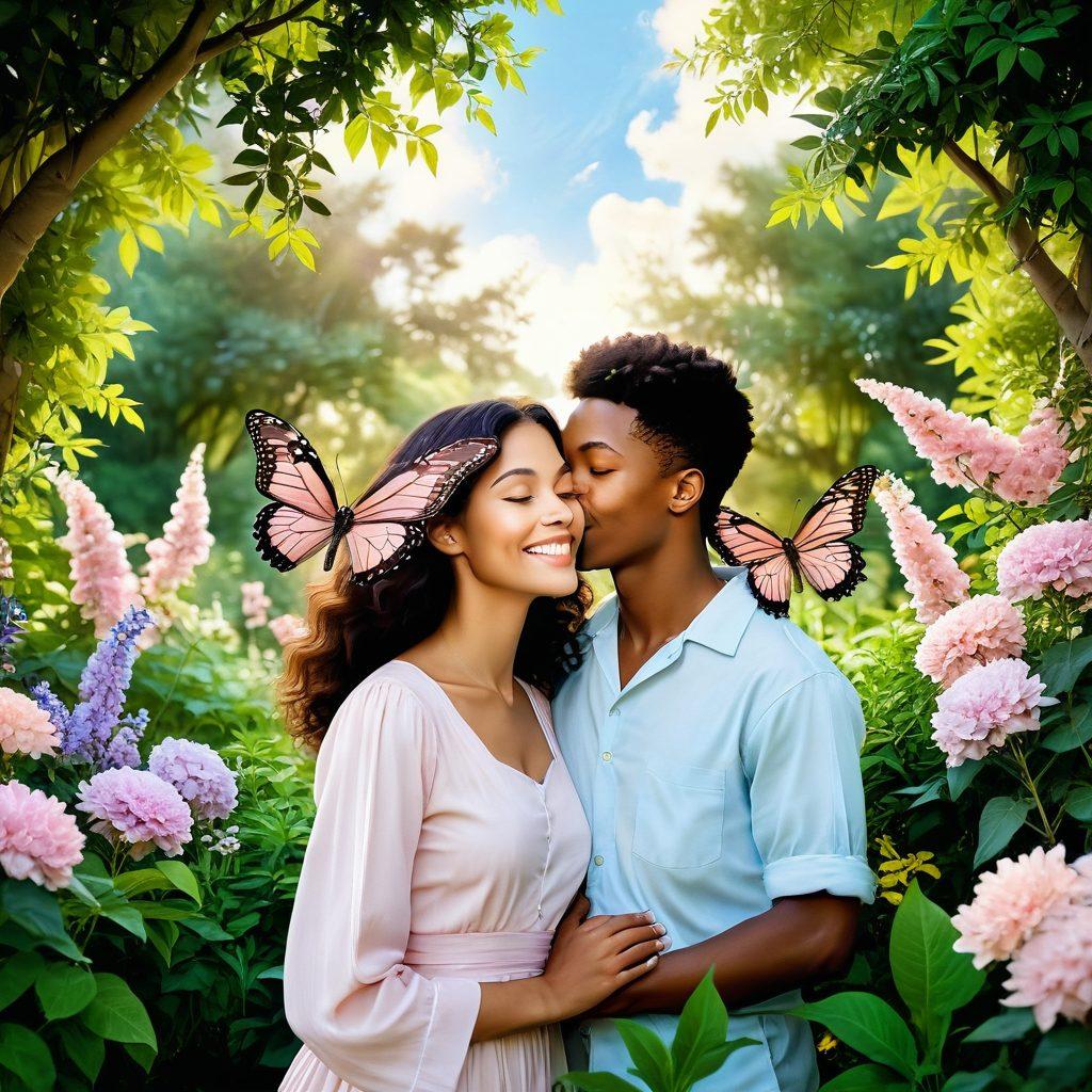 A serene garden setting with two diverse individuals sharing a warm embrace, surrounded by blooming flowers symbolizing tenderness. A soft sunlight filters through the leaves, casting gentle shadows on their joyful expressions. Include elements like heart-shaped clouds forming in the sky and vibrant butterflies fluttering around. soft focus. pastel colors. nature-inspired.