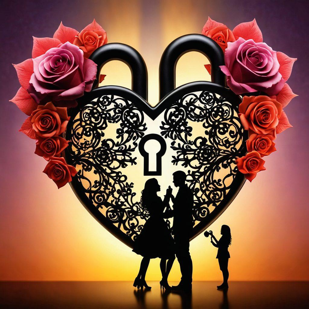 A heart-shaped lock being opened with a key that symbolizes intelligence, surrounded by glowing symbols of affection like roses and a couple in silhouette showing commitment. The background features soft, warm colors to evoke love and connection. Elegant and dreamy atmosphere. super-realistic. vibrant colors.