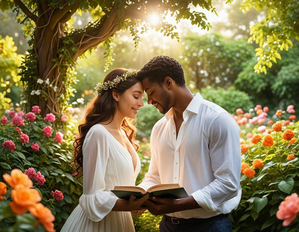 An enchanting scene depicting a couple of diverse backgrounds sharing a heartfelt moment in a lush, blossoming garden, symbolizing their journey from courtship to commitment. Surround them with subtle hints of love stories, like open books and intertwined vines, representing the wisdom of lasting love. Infuse warm sunlight filtering through the trees, creating a romantic atmosphere. super-realistic. vibrant colors. soft focus.